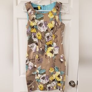 Nine west floral print shift dress, size 8, Tan, purple, yellow, gray, cotton.